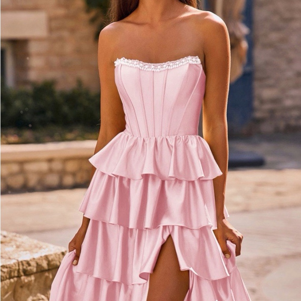 Stacees Pink Tiered Ruffle Maxi Dress - size 8 Prom NWT